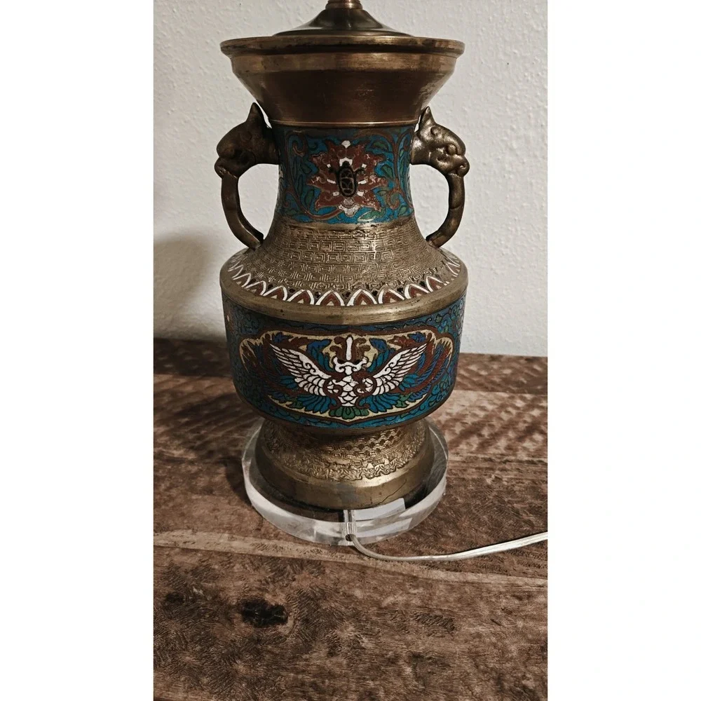 Vintage Japanese Champleve Bronze Enamel Cloisonne Table Lamp Works!
